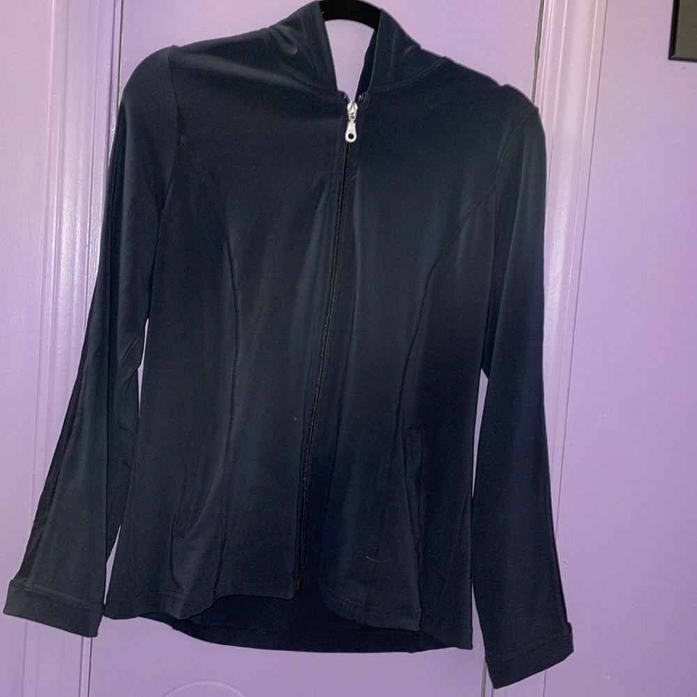 Cabi Black Soft Stretch Full Zip Hoodie with Mesh Striped Sleeve EUC!